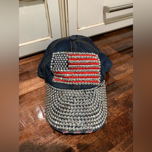 Accessories - PATRIOTIC BLING WITH AMERICAN FLAG PATCH HAT BALL CAP ADJUSTABLE BLUE DENIM